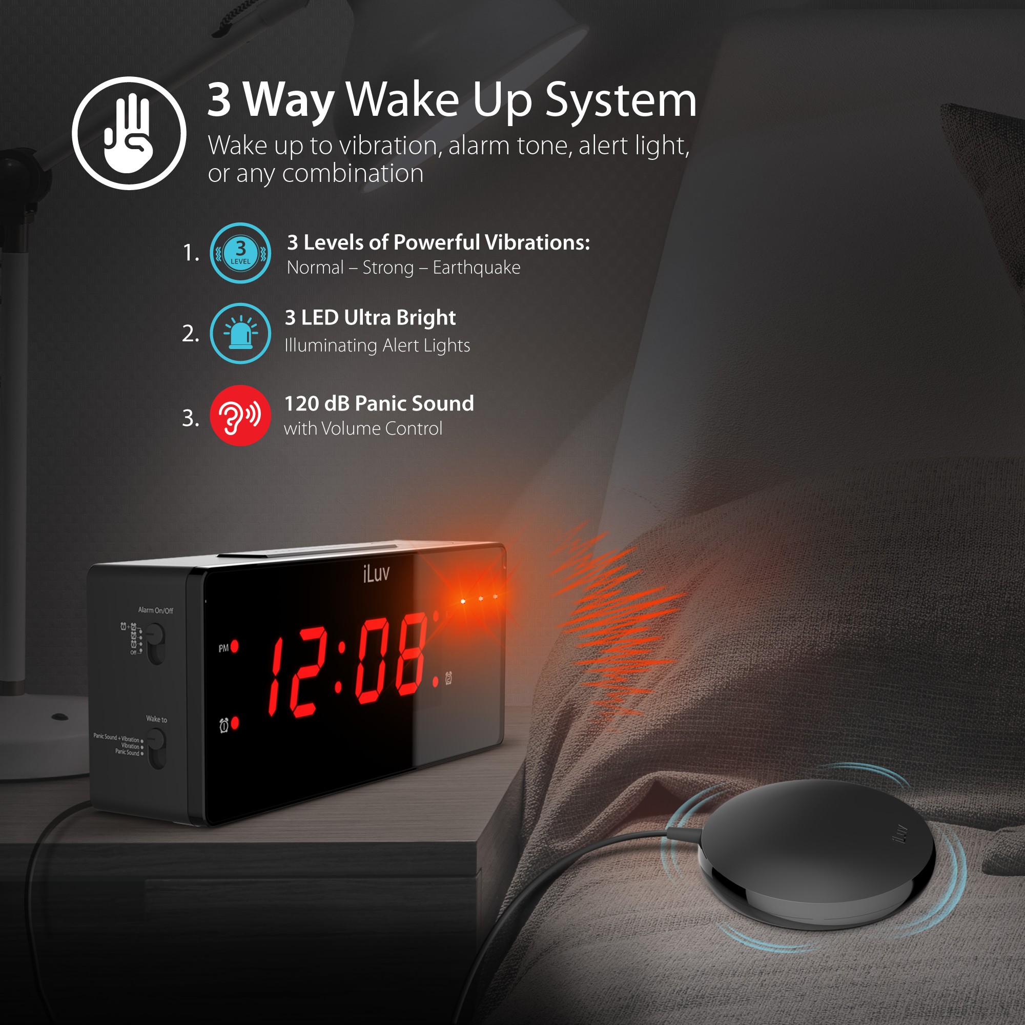 iLuv TimeShaker Wow - Loud Dual Alarm Clock with Super Vibrating Bed Shaker